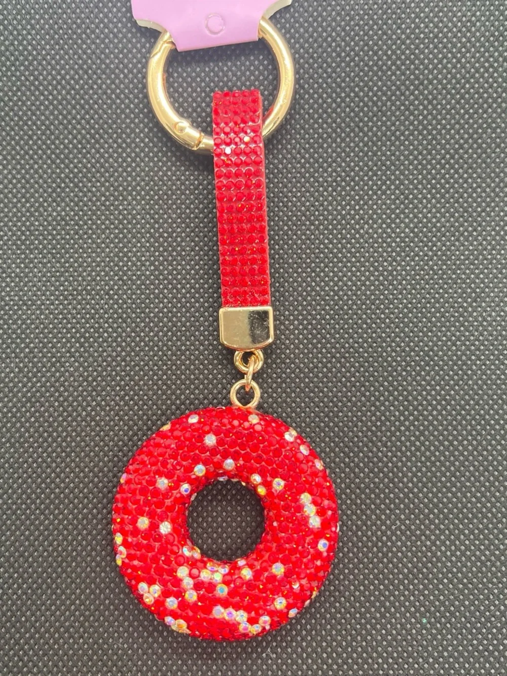 Red Crystal Donut Keychain Bag Charm Wristlet - Women Accessories